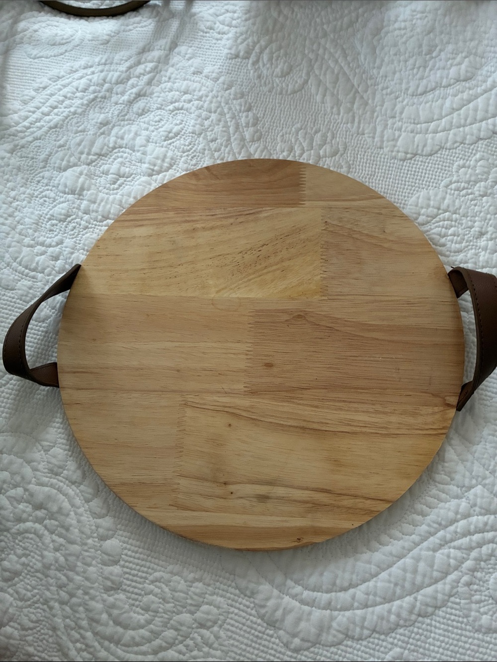 Wooden Round Serving Board with Brown Leather Handles